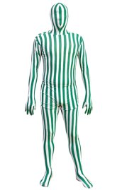 Green and White Vertical Strips Spandex Lycra Zentai Suit