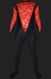 Black and Red Spandex Lycra and Lace Catsuit without Hood