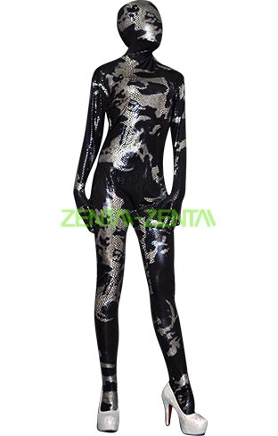 Black and Silver Snake Skin Shiny Metallic Spandex Zentai Bodysuit