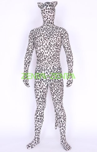 Black And White Leopard Lycra Spandex Zentai Suits With Ears And Tail