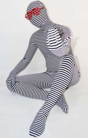 Black and White Thick Strips Spandex Lycra Zentai Suit
