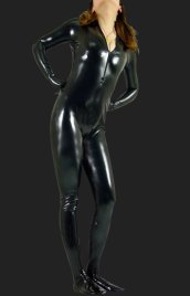 Black Front Open Shiny Metallic Jumpsuit (No Hood)