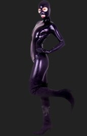 Black Full-body Shiny Metallic Zentai Suits with Open Mouth and Open Eyes