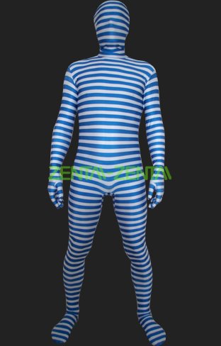 Blue and White Strips Spandex Lycra Unisex Zentai Suits