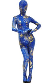 Blue Gold Spandex Lycra and Shiny Metallic Zentai Suit