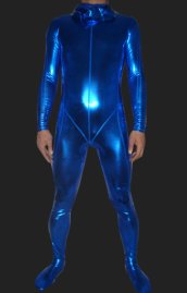 Blue Shiny Metallic Full Body Zentai Suit with Top Stitching