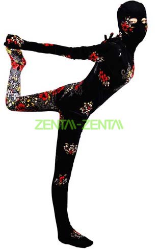 Flora Black and Red Thick Velvet Full Body Zentai Suit with Open Eyes