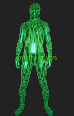 Lemon Green Shiny Metallic Full Body Zentai Suit with Small Ripple