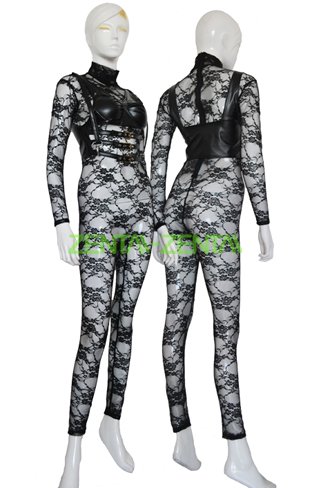 Nicki Minaj Lace Bodysuit | Black Lace Shiny Metallic Catsuit