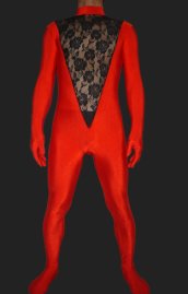 Red and Black Spandex Lycra and Lace Unisex Catsuit without Hood