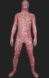 Red and White Abstract Strips Spandex Lycra Zentai Suit