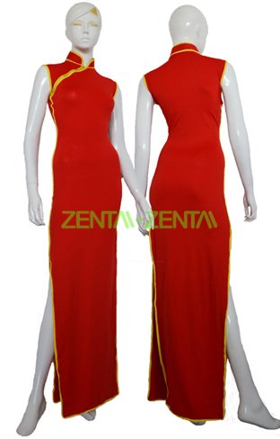 Red and Yellow Spandex Lycra Cheongsam Dress
