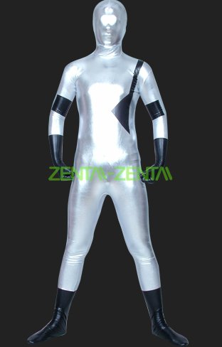 Silver and Black Shiny Metallic Full Body Zentai Suit