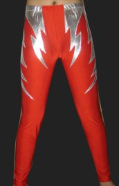 Silver and Red Shiny Metallic and Lycra Tight Wrestling Pants
