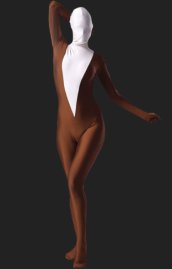 White and Brown V-Neck Spandex Lycra Zentai Suit