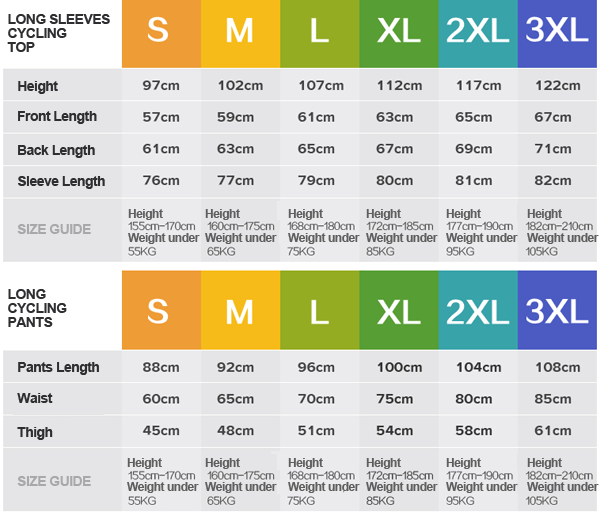 cycling clothes size chart